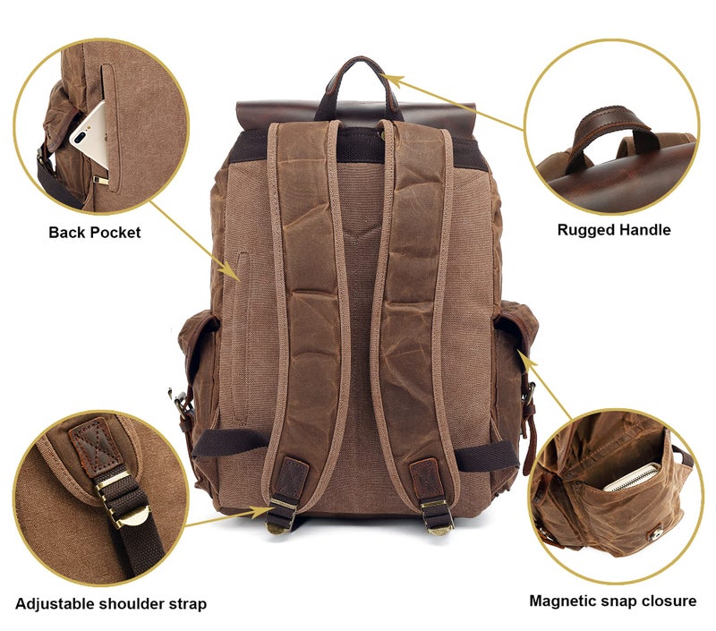 HuaChen Vintage Waxed Canvas Backpack with Genuine Leather Flap, Travel & Work Rucksack, Water-Resistant Daypack with Anti-Theft Pocket, Large/X-Large (15.6/17.3" Laptop), M80 Black - Image 4